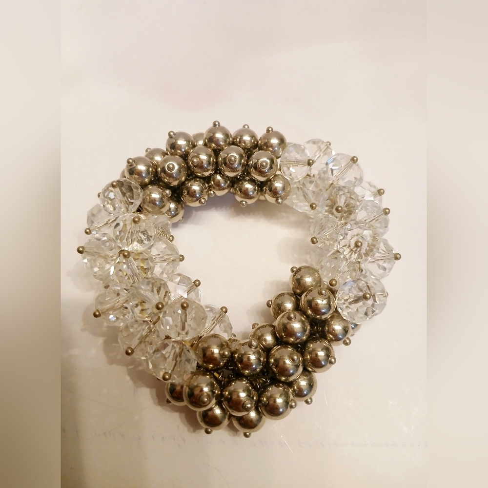 Silver Tone With Clear Glass Beads Stretch Bracelet OS
